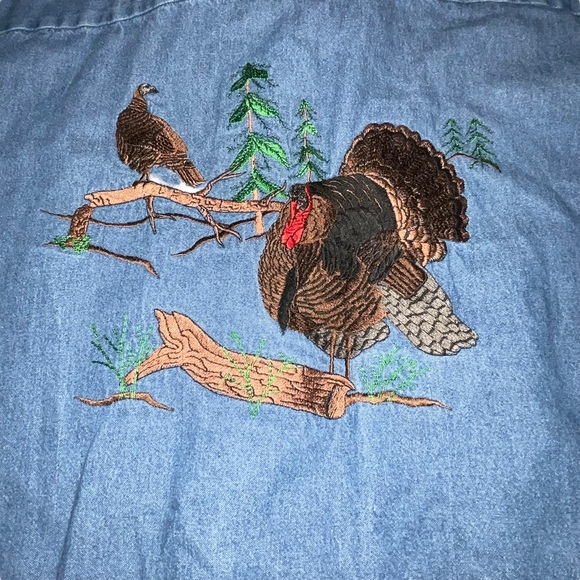Vintage Jerzees Men’s Long Sleeve Denim Button Doen Shirt Embroidered Turkey Lg - Picture 3 of 4